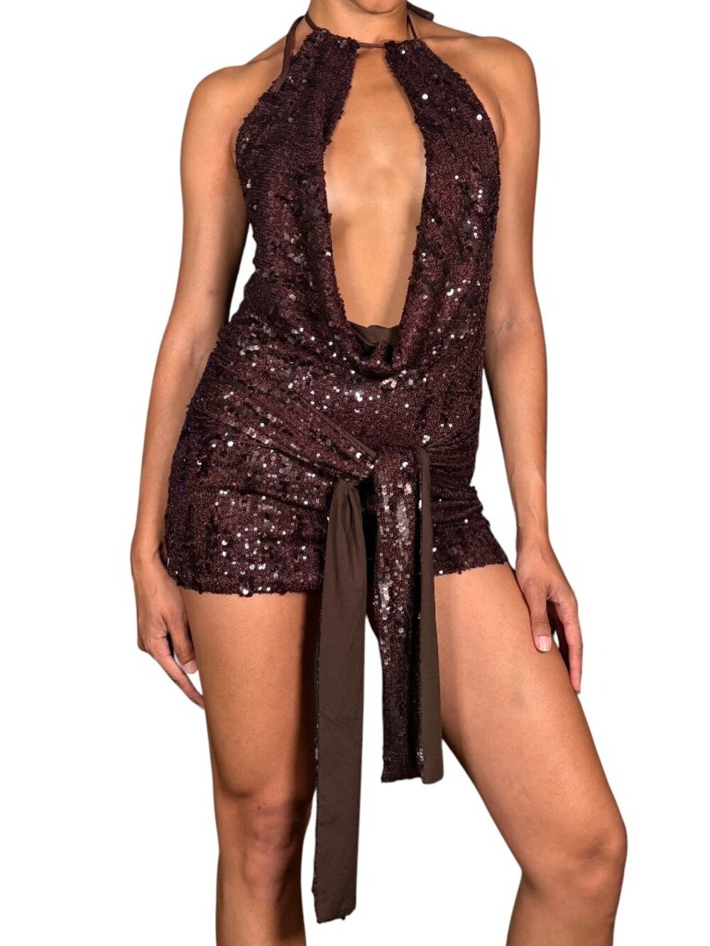 NWT Outcast Lilith Chocolate Brown Sequin Halter Mini Dress Bodycon Bach GNO